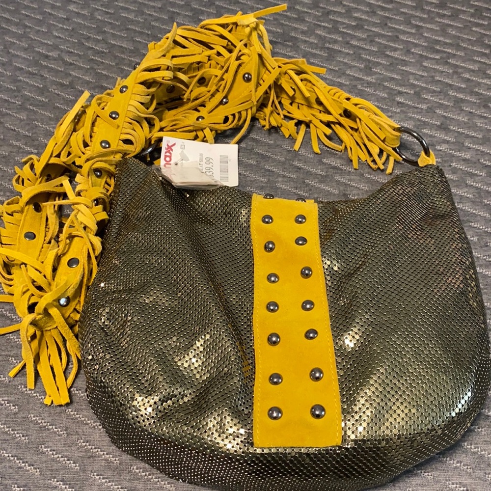 Gold sequin and suede crossbody bag